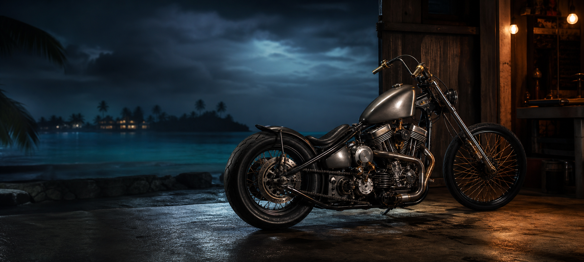 Custom motorcycle at a Maldivian island workshop